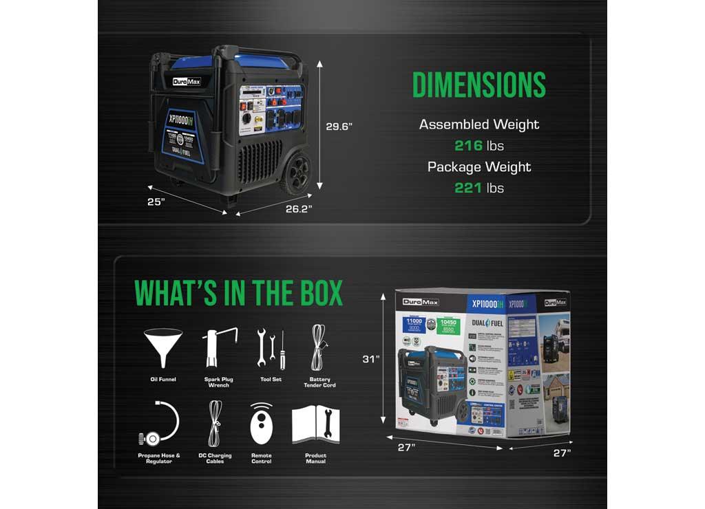 DuroMax, 11000 Dual Fuel Digital Inverter, Surge Watts 11000 Rated Watts 9000 Voltage 120/240 Model# XP11000iH