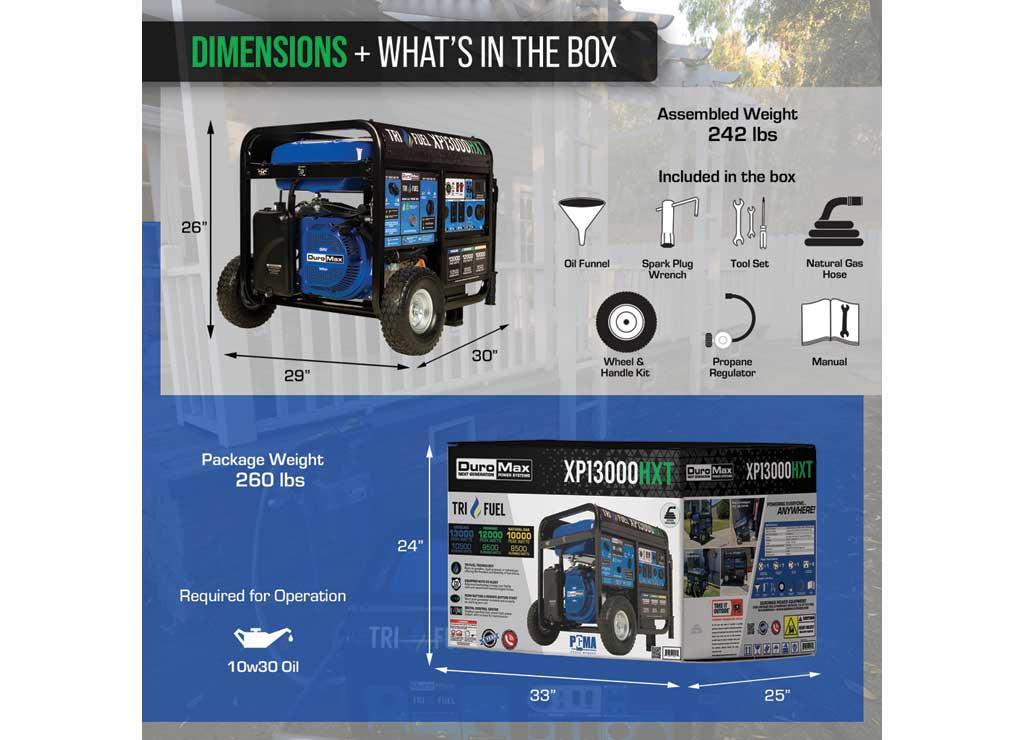 DuroMax Portable Tri-Fuel Generator with CO Alert, 13,000 Surge Watts, 10,500 Rated Watts, Electric Start, Model# XP13000HXT