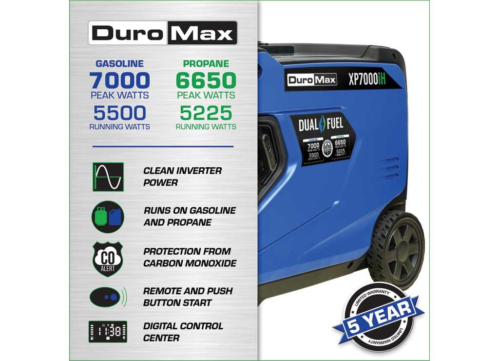 DuroMax, 7000 Dual Fuel Digital Inverter, Surge Watts 7000 Rated Watts 5500 Voltage 120/240 Model# XP7000iH