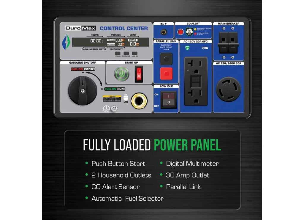 DuroMax, 7000 Dual Fuel Digital Inverter, Surge Watts 7000 Rated Watts 5500 Voltage 120/240 Model# XP7000iH