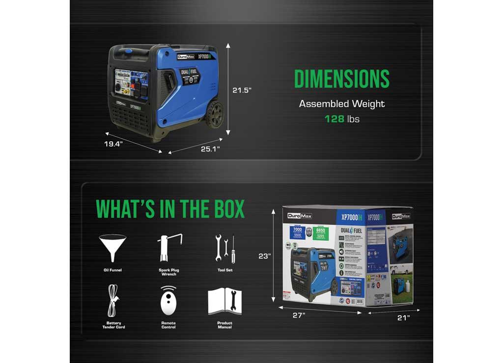 DuroMax, 7000 Dual Fuel Digital Inverter, Surge Watts 7000 Rated Watts 5500 Voltage 120/240 Model# XP7000iH
