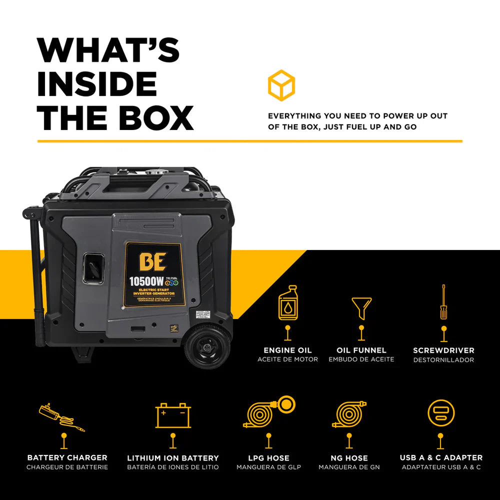 BE 8500W/10500W Inverter Generator Tri-Fuel Gas Liquid Propane Natural Gas Low THD Powerease Engine Electric Start