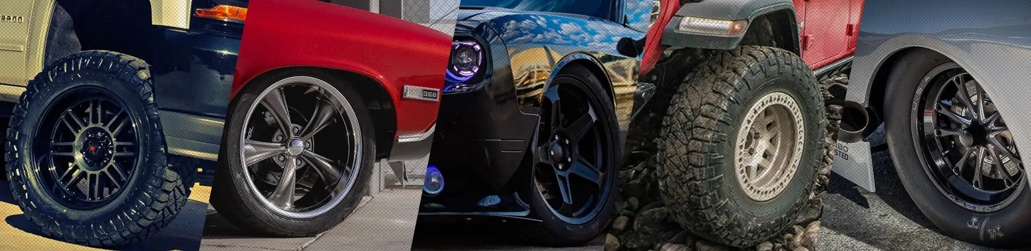 Black alloy wheels with intricate spoke designs and rugged off-road tires.