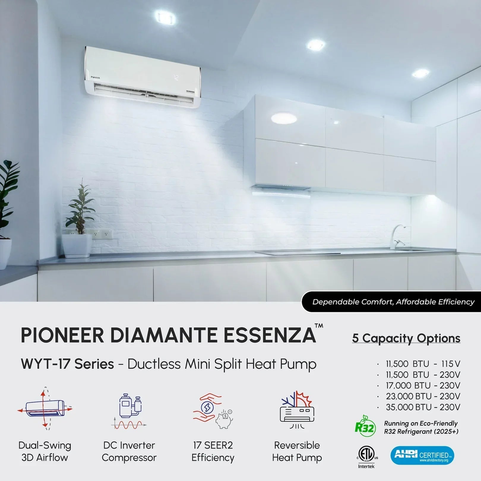 Pioneer® Diamante Essenza™ 11,500 BTU 17 SEER2 230V High-Wall Ductless Mini-Split Air Conditioner Inverter Heat Pump with 16 Ft. Kit