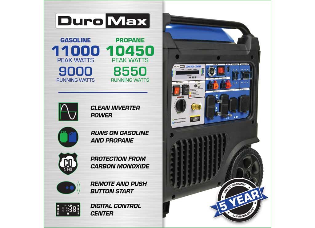DuroMax, 11000 Dual Fuel Digital Inverter, Surge Watts 11000 Rated Watts 9000 Voltage 120/240 Model# XP11000iH
