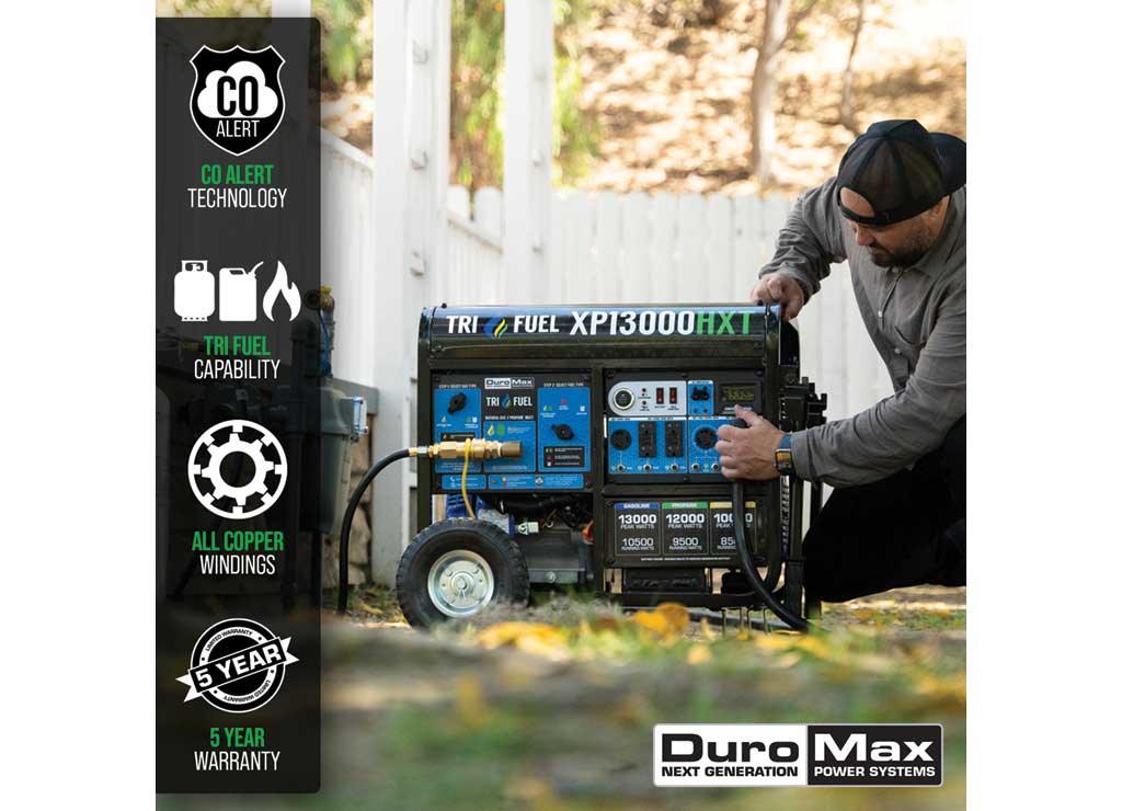 DuroMax Portable Tri-Fuel Generator with CO Alert, 13,000 Surge Watts, 10,500 Rated Watts, Electric Start, Model# XP13000HXT