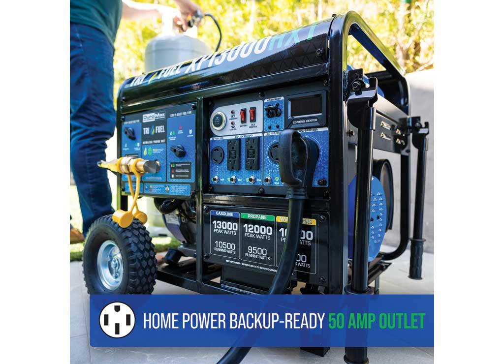 DuroMax Portable Tri-Fuel Generator with CO Alert, 13,000 Surge Watts, 10,500 Rated Watts, Electric Start, Model# XP13000HXT