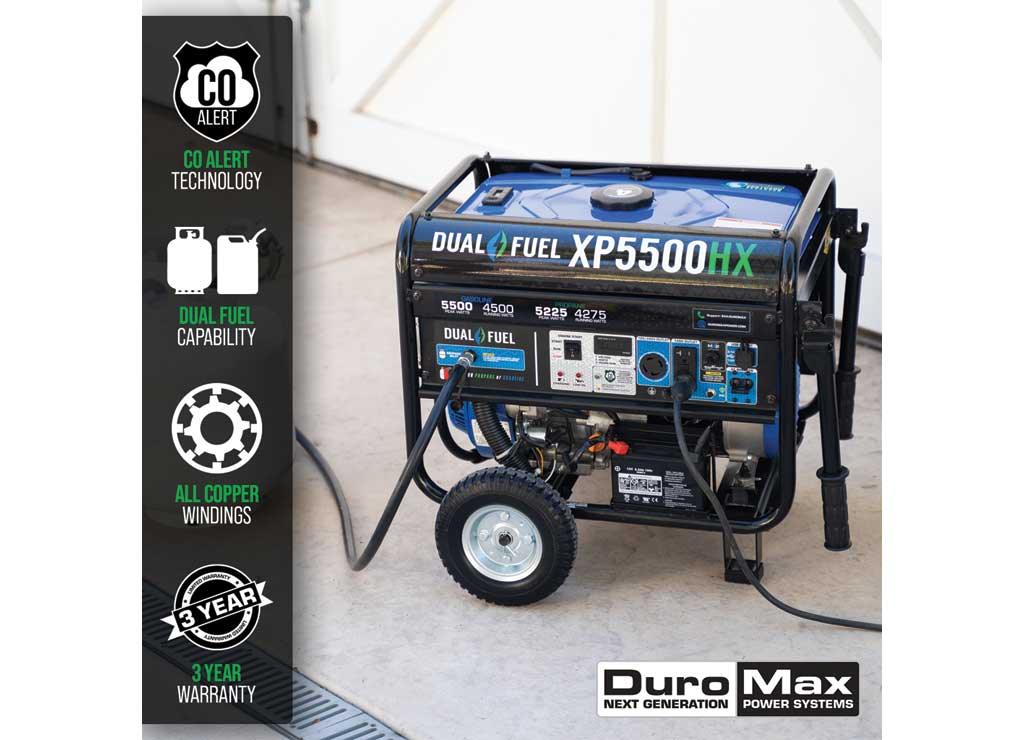DuroMax Dual Fuel Generator with CO Alert, 5500 Surge Watts, 4500 Rated Watts, Electric Start, Model# XP5500HX