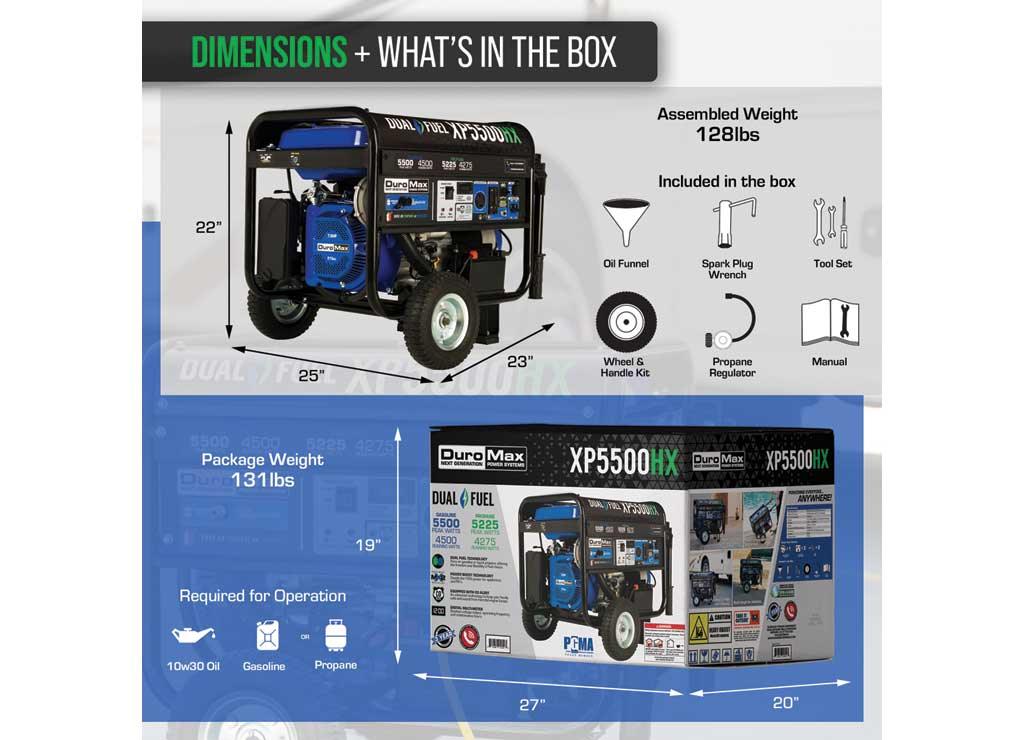 DuroMax Dual Fuel Generator with CO Alert, 5500 Surge Watts, 4500 Rated Watts, Electric Start, Model# XP5500HX