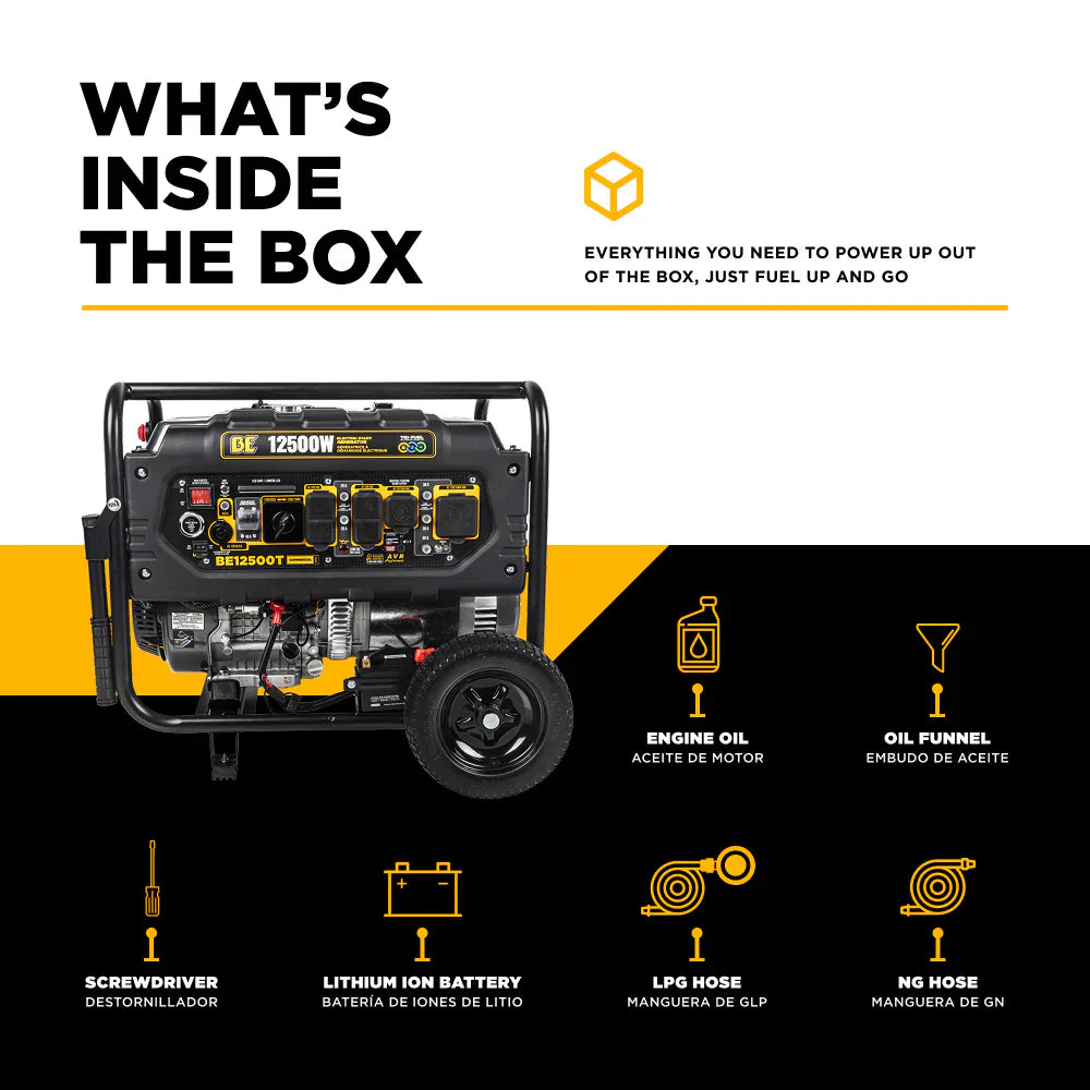 BE 9000W/12500W Generator Tri-Fuel Gas Propane Natural Gas Electric Start CO Detect 120/240V