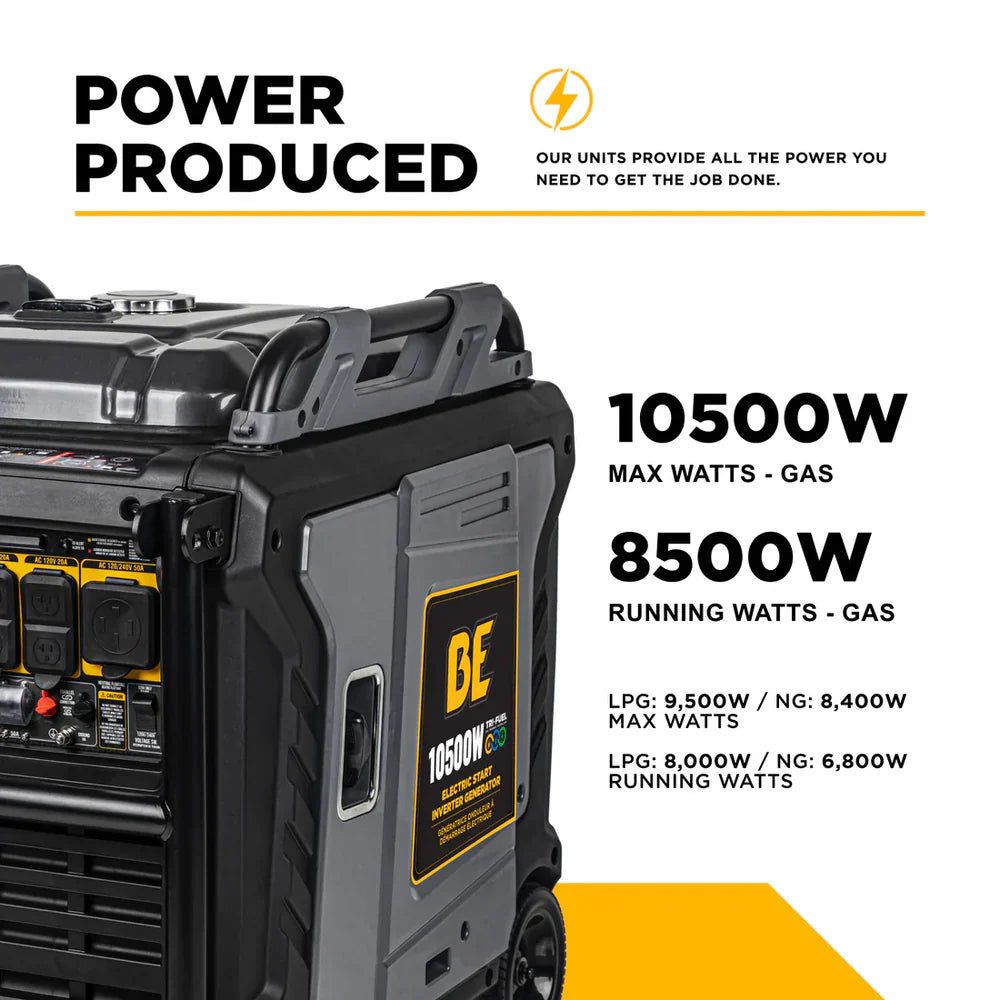 BE 8500W/10500W Inverter Generator Tri-Fuel Gas Liquid Propane Natural Gas Low THD Powerease Engine Electric Start