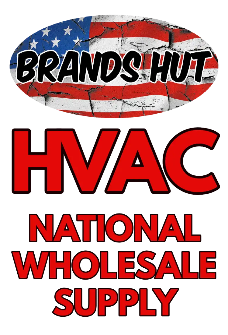 Brands hut hvac national wholesale supply logo featuring a cracked american flag design with bold red text on black background.