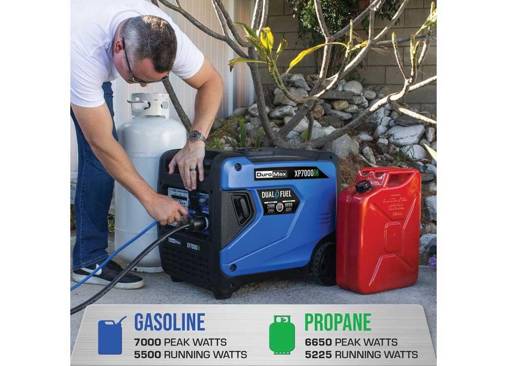 DuroMax, 7000 Dual Fuel Digital Inverter, Surge Watts 7000 Rated Watts 5500 Voltage 120/240 Model# XP7000iH

