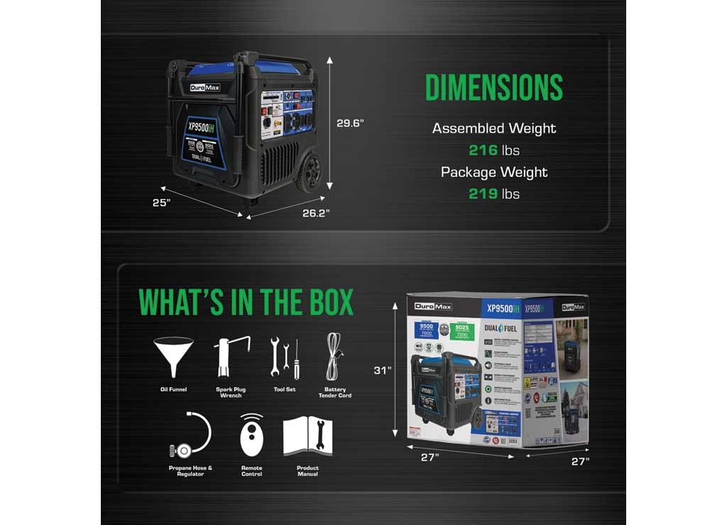 DuroMax, 9500 Dual Fuel Digital Inverter, Surge Watts 9500 Rated Watts 7600 Voltage 120/240 Model# XP9500iH