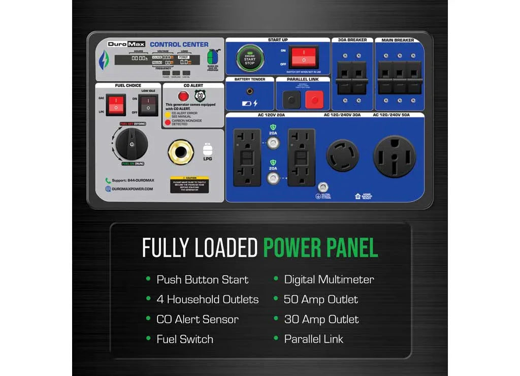 DuroMax, 9500 Dual Fuel Digital Inverter, Surge Watts 9500 Rated Watts 7600 Voltage 120/240 Model# XP9500iH