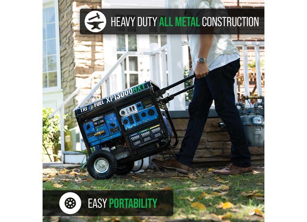 DuroMax Portable Tri-Fuel Generator with CO Alert, 13,000 Surge Watts, 10,500 Rated Watts, Electric Start, Model# XP13000HXT