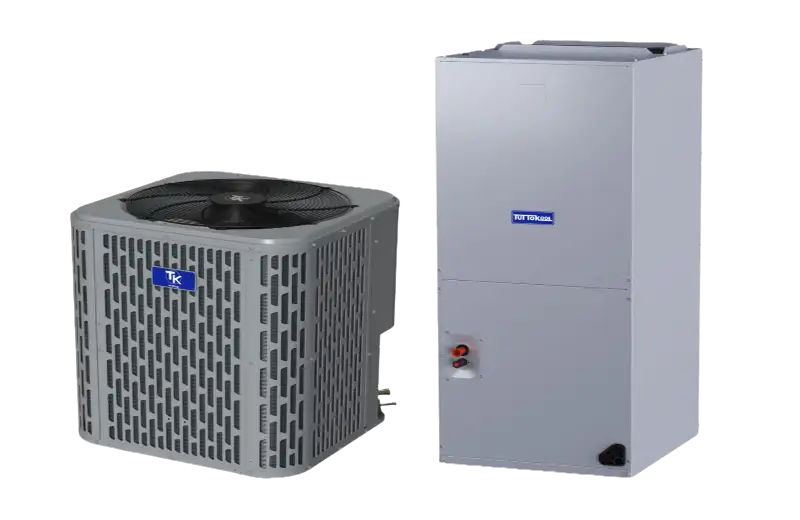 Gray outdoor and indoor units of a trane heat pump system