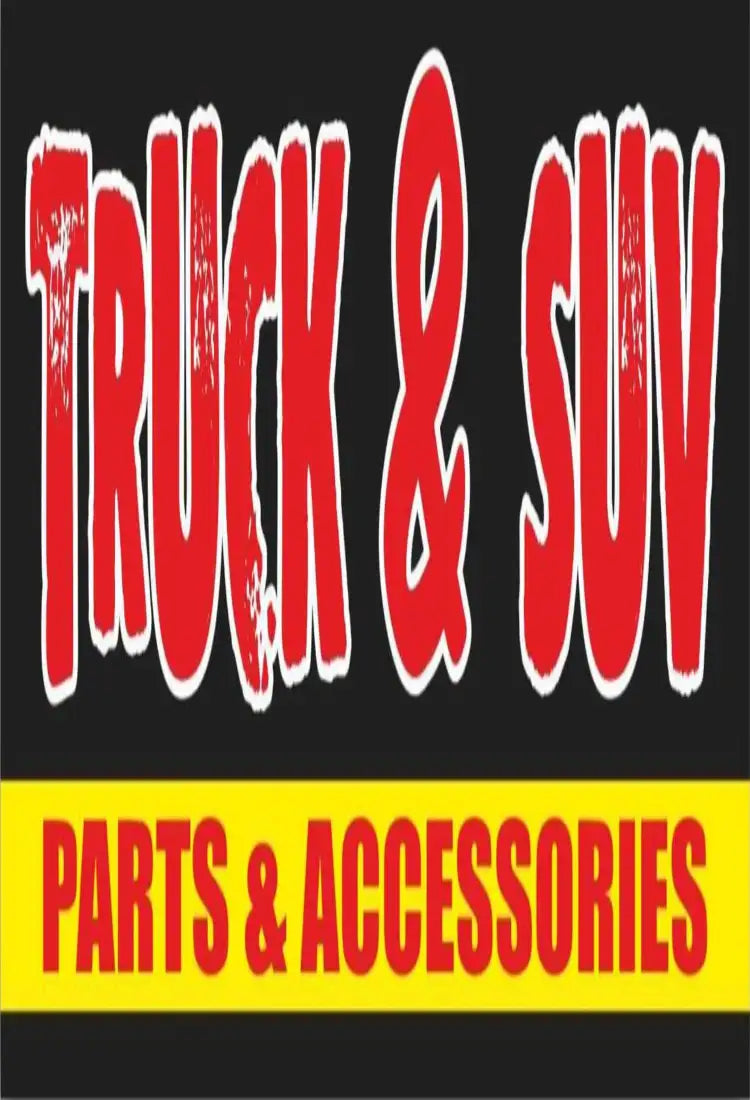 Red and white distressed lettering on a black background with yellow banner reading ’parts & accessories.’